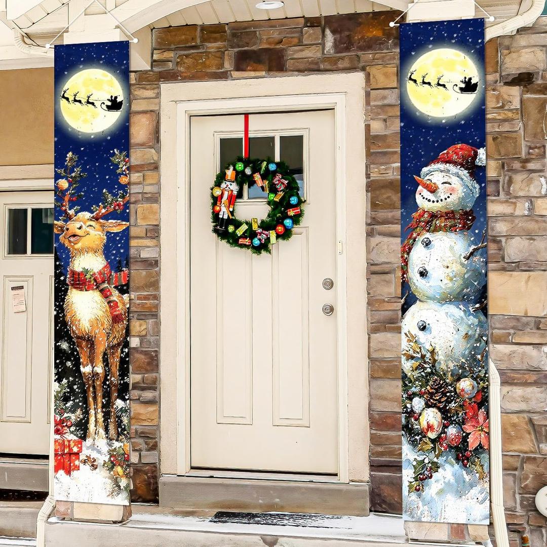 Retro Christmas Decorations Merry Christmas Door Banner Blue Snowman Reindeer Moon Yard Front Porch Sign Hanging Xmas Decor for Home Indoor Outdoor Garage Wall Front Door Party Supplies