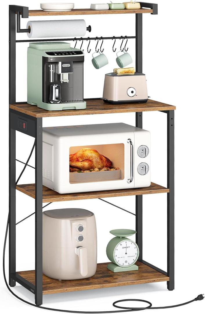 VASAGLE Kitchen Bakers Rack with Power Outlet, Coffee Bar 4-Tier with 8 S Hooks, Microwave Stand, Adjustable Shelf, for Small Spaces, Rustic Brown and Ink Black UKKS014K01V1 (23.6"W)