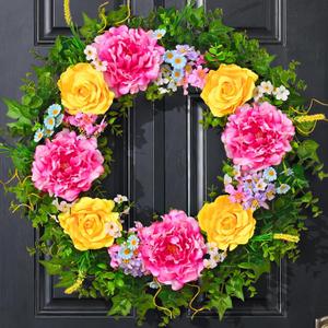 Livole Spring Wreaths for Front Door 24 Inch Large Spring Summer Door Wreath with Sash, Artificial Flower Wreath with Peony Rose Daisy for Indoor Outdoor Home Wall Farmhouse Patio Porch Window Decor