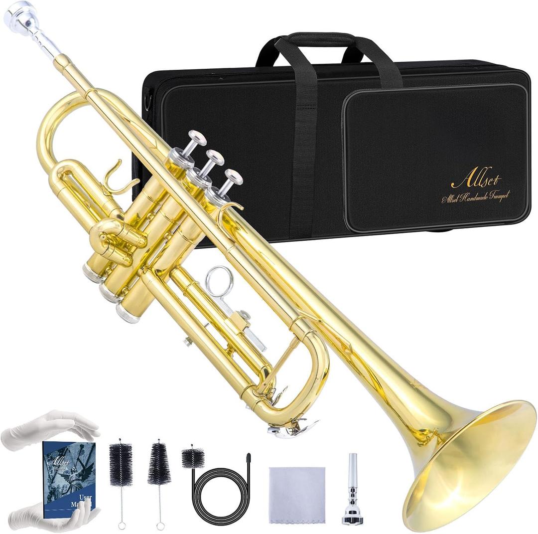 ALLSET Bb Standard Trumpet for Beginners | Student Band, Orchestra, Pro Level Performance | Professional Brass Trumpet Kit with Hard Case, 7C Mouthpiece& Cleaning Kit | Gold