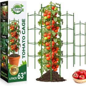 Halatool 63 Inch Tomato Cages, 4 Pack Adiustable Plant Cages Assembled Tomato Garden Cages Stakes Vegetable Support Trellis with 120 Feet Twist Tie, Snap-On for Vertical Climbing Plants