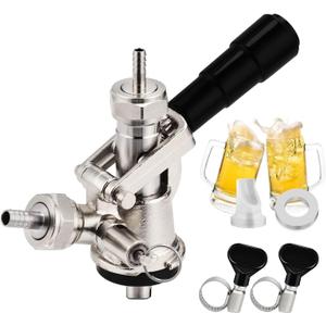 European Sankey S System Keg Coupler, 1/4'' Beer Barb Stainless Steel Probe Brass Body 5/16'' Gas Tailpiece Draft Kegerator Tap Dispenser with Safety Pressure Relief Valve Brewing Hose Clamp