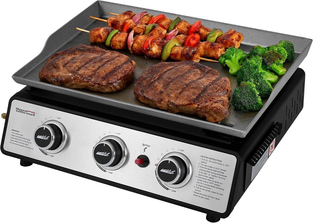 Royal Gourmet PD1301S Portable 3-Burner Tabletop Gas Griddle, 25,500 BTU Cooking Power, 304 Sq. In. Cooking Surface, Ideal for Camping & Tailgating, Black & Silver