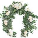 Ling's Moment Flower Garland  6FT Eucalyptus & Rose  Sweetheart Table Decor for Wedding Reception, Artificial Floral Garland for Mantle, Spring Garden Ceremony, Christmas Decoration, Ivory White
