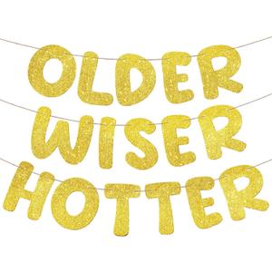 Fulmoon Set of 3 Pre Strung Older Wiser Hotter Glitter Banner Funny Birthday Banner for Women 30th 40th 50th 60th 70th 80th Birthday Party Decorations Sign Gift(Gold)