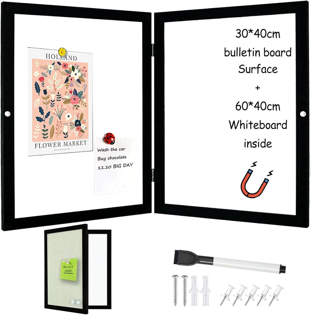Magnetic Dry Erase Hidden Whiteboard with Black Wooden Frame, Gray Fabric Bulletin Board Exterior and Whiteboard Interior, 11.8x15.7inch (30x40cm)