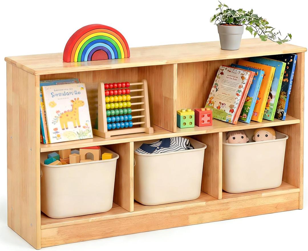 WINGYZ Rubber Wood Montessori Bookshelf, 5-Section Wooden Storage Cabinet, 43.3"D x 11.8"W x 23.6"H