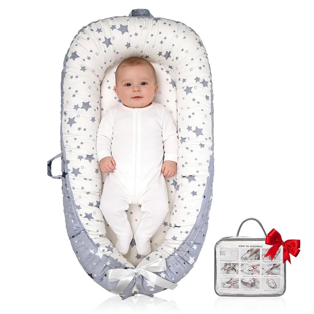 Baby Lounger | Organic Cotton Infant Lounger | Reversible, Adjustable & Portable Floor Lounger | Soft, Breathable, Washable Cover (Grey blue star)