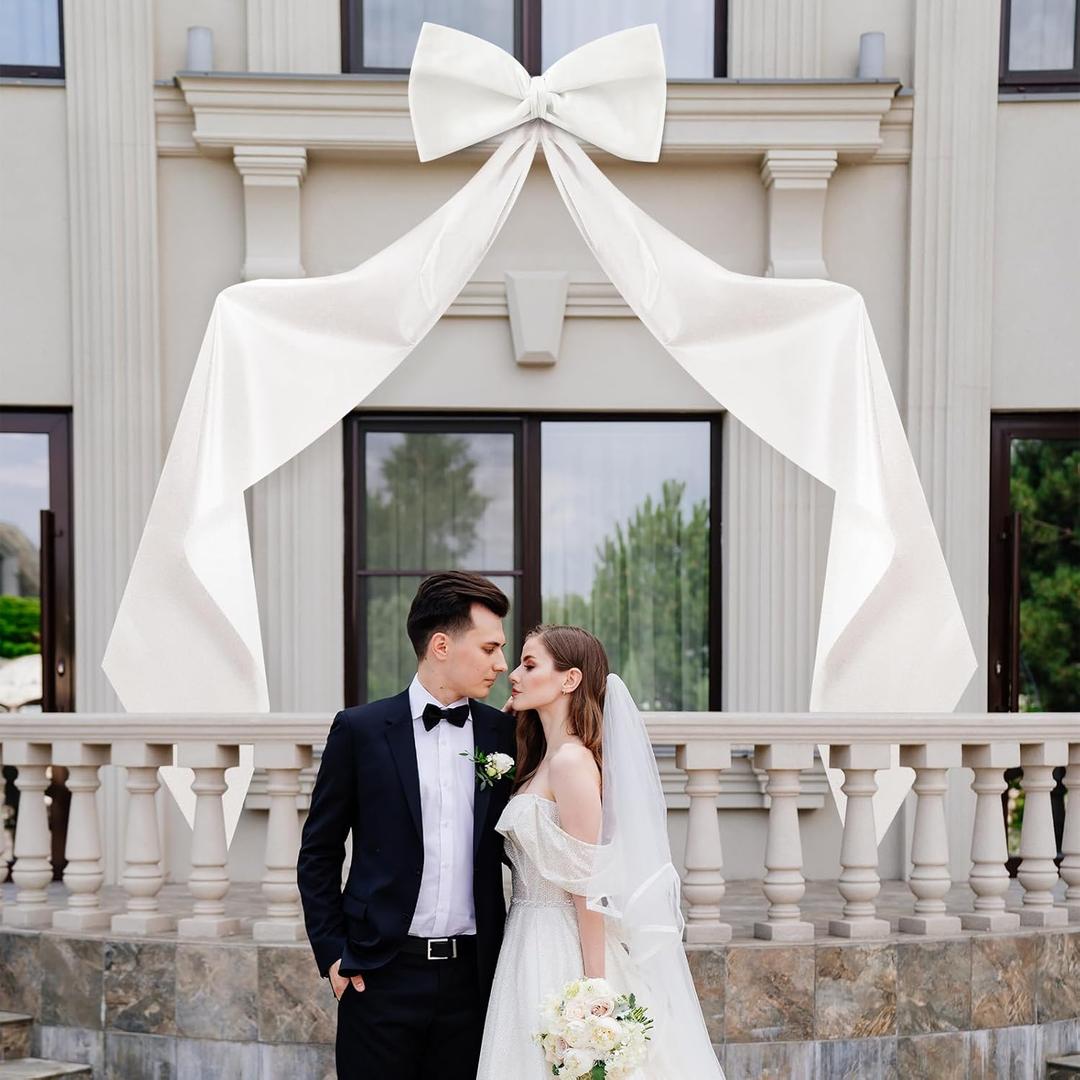 Extra Large Wedding Bow Decor, 118x28 Inch Giant Satin Bow with Long Streamer Huge Decorative Oversized Gift Belt for Arch Bachelorette Birthday Party Bridal Shower Door Decoration (White)