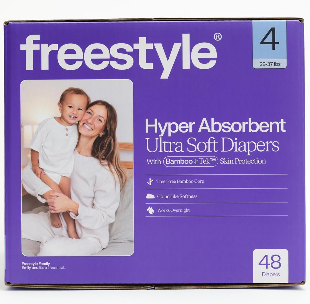 Freestyle BambooTek Diapers – (Size 4) Hyper Absorbent & Non-Toxic – Disposable Diapers for Sensitive Skin – Ultra Soft Diaper's (22-37 lbs) – 48 Count