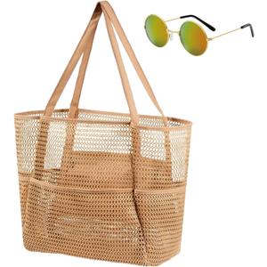 Mesh Beach Tote with Zipper Pockets,with a pair of Sunglasses