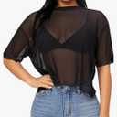 Remidoo Womens Sheer Mesh Tops Short Sleeve Crop Top Crewneck Loose T Shirt,L