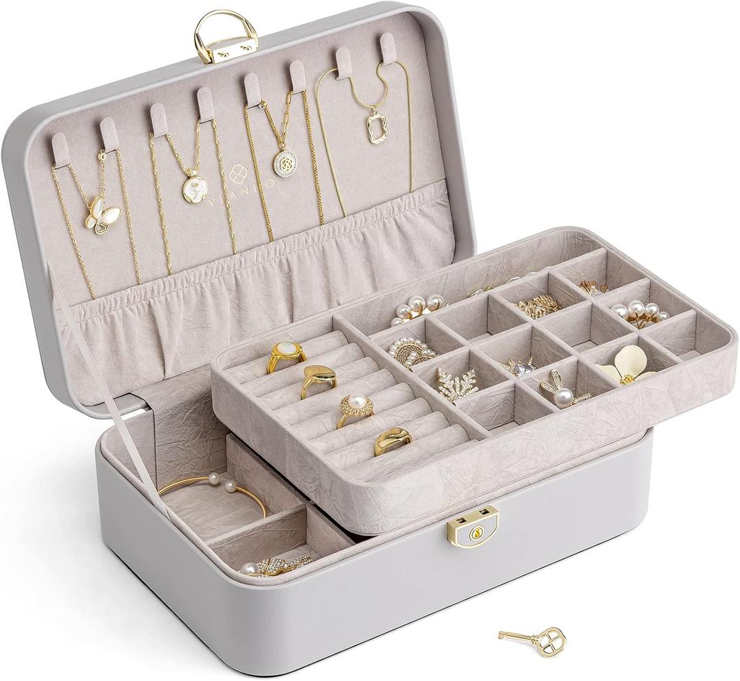 Vlando Jewelry Boxes for Women,2 Layers Jewelry Box with Lock,Birthday Gifts for Women Girls,Jewelry Organizers for Earrings Necklace,Rings Storage Grey Vlando Jewelry Boxes for Women,2 Layers Jewelry Box with Lock,Birthday Gifts for Women Girls,Jewelry Organizers for Earrings Necklace,Rings Storage Grey