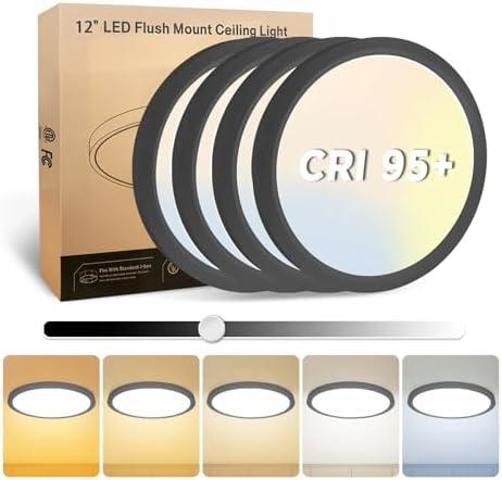 EOSMILE 4Pack 12 Inch LED Flush Mount Ceiling Light, 25W, 3000LM, CRI 95+, 2700K-5000K 5CCT & Dimmable, Black Round Surface Flat Panel Light for Hallway, Kitchen, Bedroom, Laundry Room