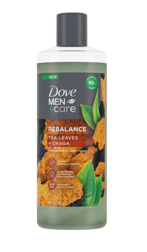 Dove Men+Care Rebalance Body Wash Tea Leaves and Chaga 4 Count With Vitamin and Mineral Complex Moisturizing Body Wash with Plant-Based Ingredients 18 oz