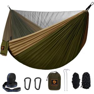 Camping Hammock, Portable Hammocks with Mosquito Net,Lightweight Nylon Parachute Hammock with 10ft Tree Straps,Camping Gear Must Haves for Travel Hiking Backpacking Beach Patio-Green&Khaki (Large)