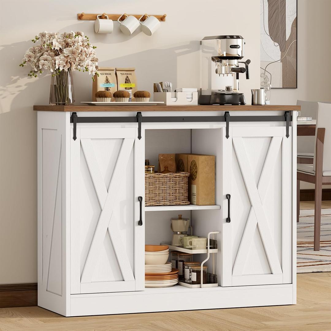 Farmhouse Coffee Bar Cabinet, 42" Buffet Cabinet with 2 Sliding Barn Doors Adjustable Shelve, Coffee Bar Storage Cabinet for Kitchen, Dining Room, Small Spaces, Rustic White