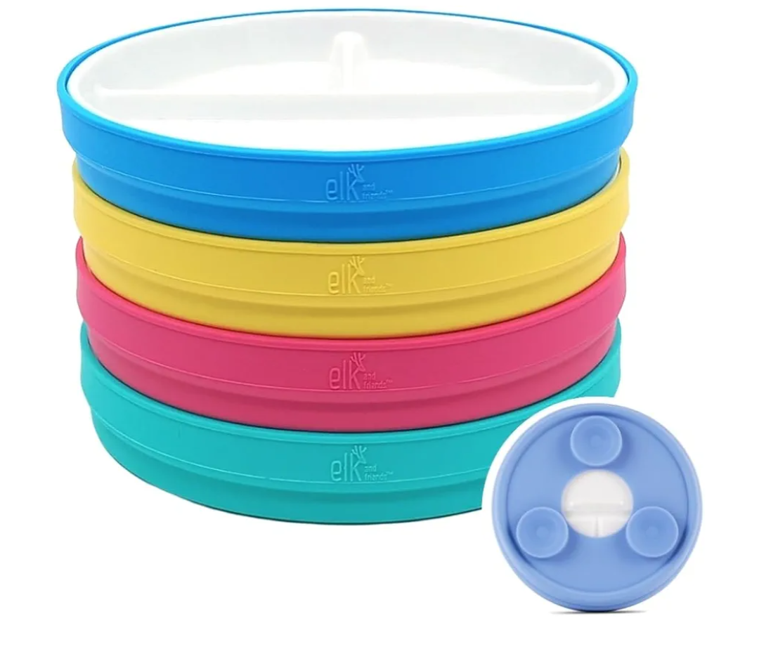 Elk and Friends Kids 6.7” Porcelain Divided Plates with Silicone Suction Sleeves | Suitable for Babies/Kids/Toddlers | Microwave & Dishwasher Safe | Non Slip | Snack Dishes | 4 Pack