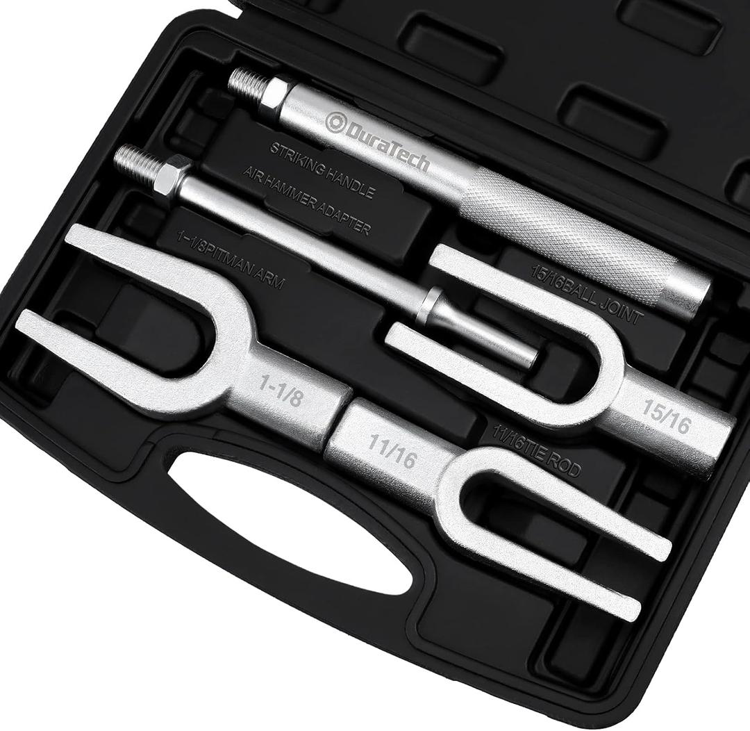 DURATECH 5-Piece Ball Joint Separator Set, Pickle Fork Tool Set, Tie Rod Removal Tool Set, 1-1/8", 15/16", 11/16", for Cars and Light Vans, with Suitcase DURATECH 5-Piece Ball Joint Separator Set, Pickle Fork Tool Set, Tie Rod Removal Tool Set, 1-1/8", 15/16", 11/16", for Cars and Light Vans, with Suitcase