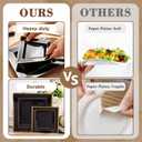 N9R 120PCS Black Square Plastic Plates, Disposable Plates Gold Rim