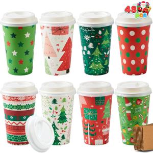 JOYIN 48 Pcs Merry Christmas Disposable Cups with Sleeves and Lids, 8 Designs Xmas Drinkware 16 oz Paper Cup For Hot Chocolate Coffee Cold Beverage Holiday Tableware Winter Party Supplies Favors