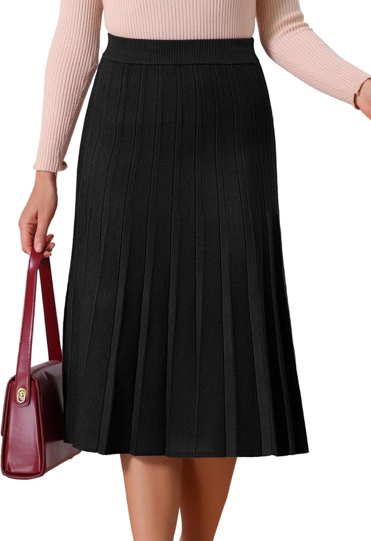 Seta T Women's Pleated Skirts High Waist Stretchy A Line Ribbed Knit Sweater Midi Skirt Fall Winter Outfits Small Black