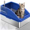 Stainless Steel Cat Litter Box, Extra Large Litter Boxes for Big Cats, Anti-Urine Leakage XL Box with High Sides, XLarge Metal Litter Box with Lid, Easy Clean, Non-Sticky, Cat Mat & Metal Scoop (Silver Navy)