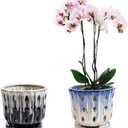 Orchid Pots with Holes Attached Saucers 5 Inches - 2 Pcs Small Ceramic Pots for Repotting, Decorative Ceramic Orchid Planter with Hole for Healthy Root Growth Mixed Color