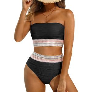 High Waisted Bandeau Bikini Set - Women Strapless Two Piece Swimsuits Ribbed Longline Full Coverage Bathing Suits Swimwear (Large, Black-Contrast Trim)