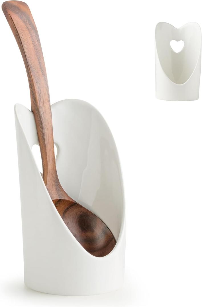 Gomakren Standing Spoon Rest for Stove Top, 6 Inch Ladle Holder, Vertical Spoon Holder for Kitchen Counter, Heart Shaped Valentines Spoon Rest, Heat-Resistant Utensil Rest, White