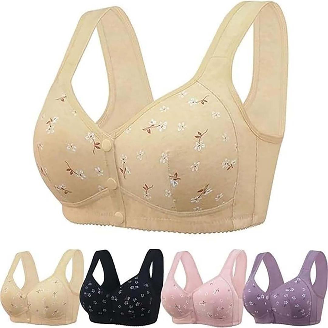 Bras for Older Women, Front Closure Push up Bra, No Underwire Front Closure Comfort Senior Snap Closing Bra Beige, Cup Size: DDD-42