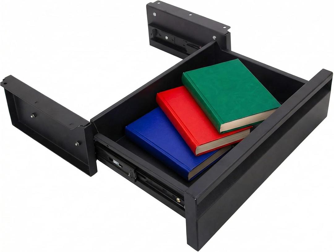 POPMOON 13.8 in Under Desk Drawer For Desk, Pull out Storage Organizer with Slide Extension Mounted Under Flat Wooden Table or Workbench, Carbon Steel Undermount Drawer,Black (13.3IN Single)