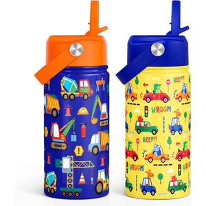 SANDJEST Kid Water Bottle 12oz with Straw Lid - 2-Pack Insulated Stainless Steel Water Bottles for Kids Boys Girls - Travel Cup for School Sports, Construction & Transportation