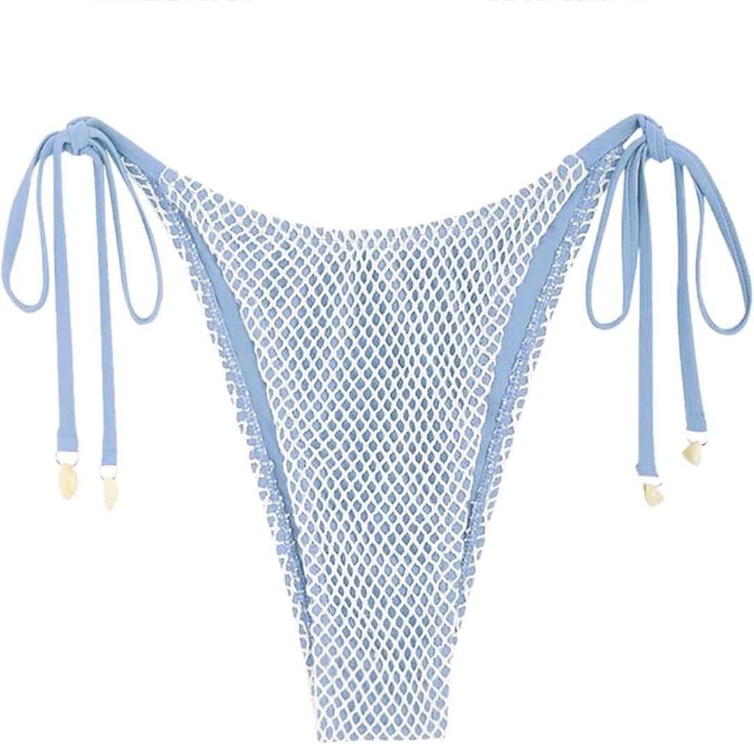 ZAFUL Bikini Bottoms for Women Fishnet Tie Side String Bathing Suit Bottoms Tanga High Cut Swimsuit Bottom (Blue, M)