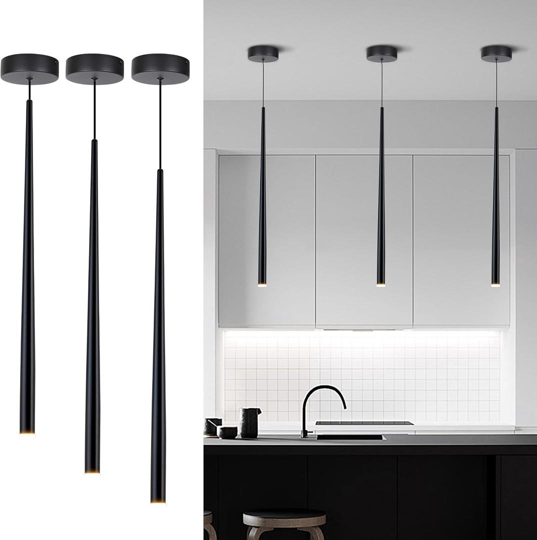 3 Pack Modern LED Black Pendant Lights for Kitchen Island, 27.56 inches