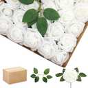 200PCS Artificial Flowers White Roses Real Looking Foam Fake Roses with Leaves and for DIY Wedding Bouquets Bridal Shower Centerpieces Party Decorations (White, 200)