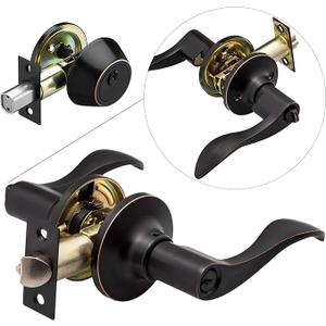 Berlin Modisch Entrance Lever Door Handle (for Office and Front Door) Reversible for Right and Left Side and a Single Cylinder deadbolt Set Keyed Alike Combo Pack
