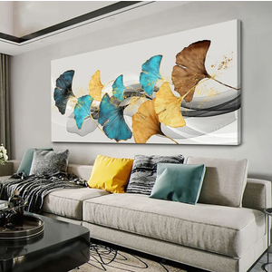 Skyward Leaf Wall Art Living Room Décor Home Wall Decor Modern Artwork Botanical Wall Decor Blue And Yellow Leaves Picture Modern Inspired Dining, Bathroom Decoration Ready to Hang 24" x 48"