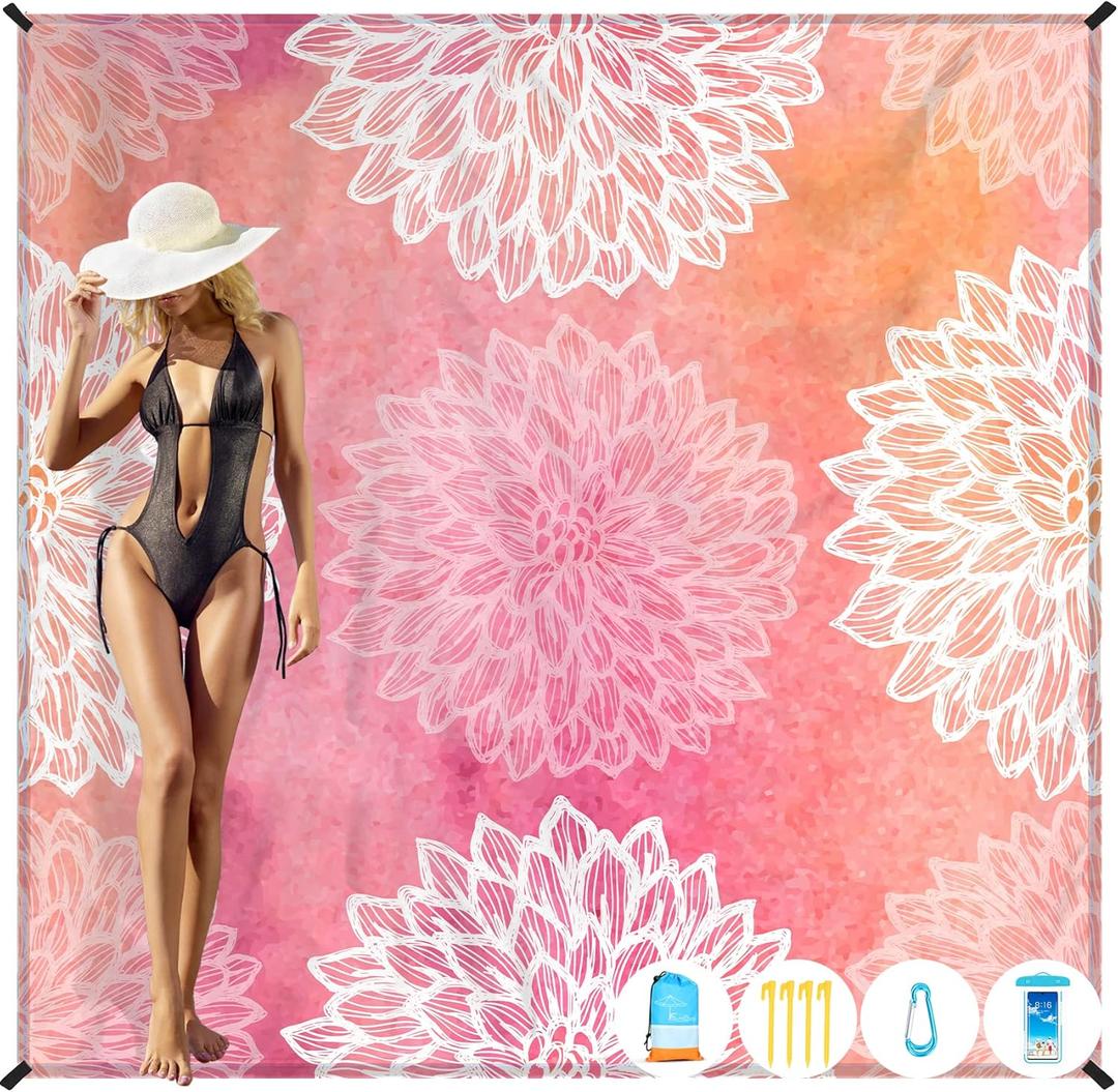 Beach Blanket Oversized Extra Large 78" X 81",Waterproof Sandproof Beach Blanket 1-7 Adults Lightweight Durable for Travel Camping Hiking Picnic (Flower)