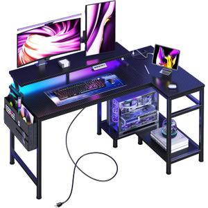 DUMOS Gaming Desk, Computer Desk with USB Charging Ports, Power Outlets, Type-C and LED Lights, Reversible L Shaped Desk with Storage Shelves & Monitor Stand for Office, Gaming Room Black 40IN