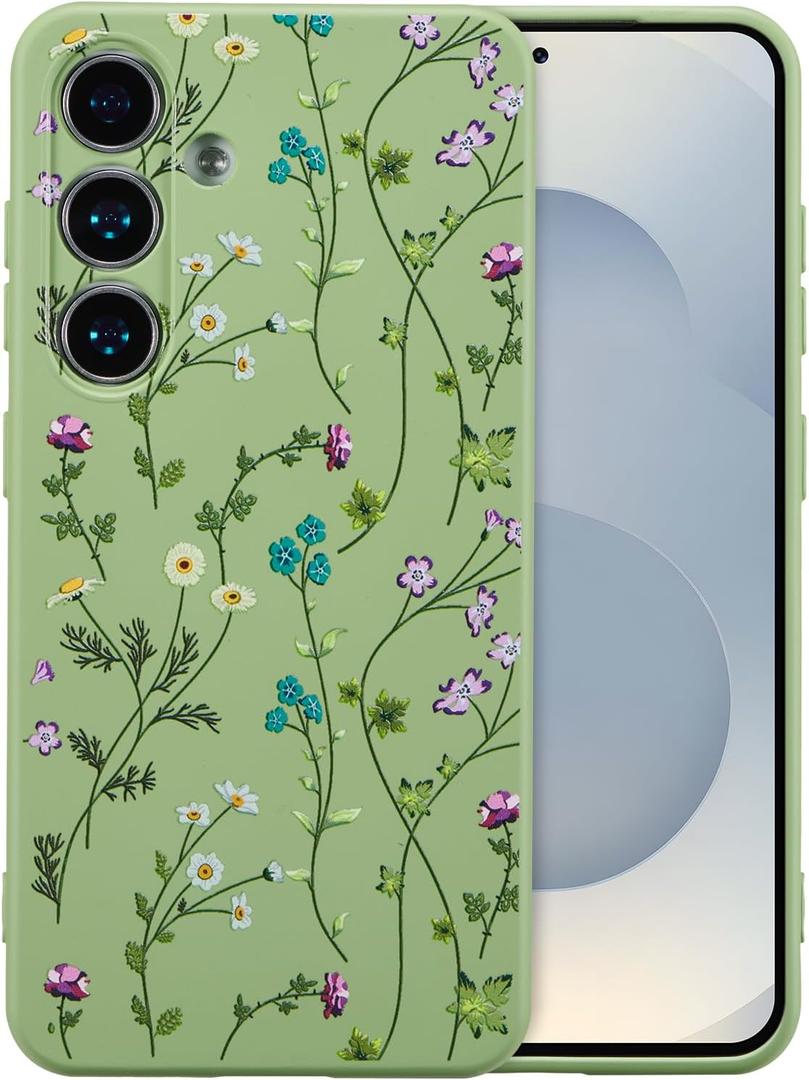 RALEAVO Case for Samsung Galaxy S24,Cute Floral Cover with Flower Branch Pattern Liquid Silicone Phone Cover for Girls Women Slim Soft Rubber Protective for S24 Phone Case,Green