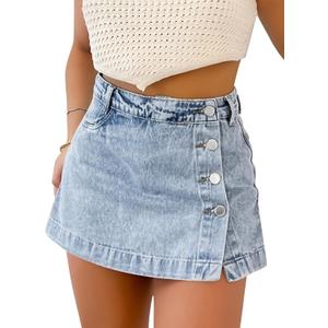 Denim Skort for Women Trendy Slit Mini Denim Skirt Casual Stretchy Jean Skirt with Shorts Summer Short Skirt, M