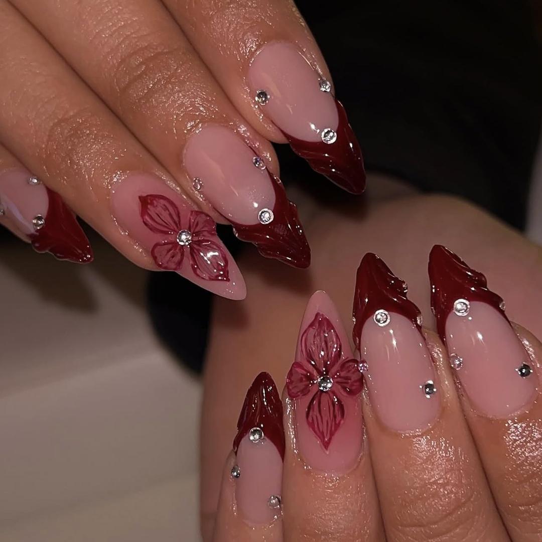 Red French Tip Press on Nails Almond Medium Fake Nails 3D Flowers Glue on Nails Full Cover Acrylic False Nail Tips Glossy Artificial Nails Medium Almond Stick on Nails for Women Manicure Decorations