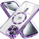 Misea Magnetic for iPhone 15 Pro Max Case with MagSafe [Never Yellowing] [Military Grade Drop Protection] Full Camera Lens Protector Plating Soft Clear Phone Case for Women Girls, Purple