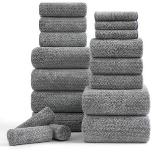 Ycosy 18 Piece Bath Towels Set,100% Microfiber Family Bathroom Towel with Hanging Loops-6 Bath Towels,6 Hand Towels,6 Washcloths,Quick Dry Highly Absorbent Shower Towel for Bathroom,Hotel,Spa-Grey