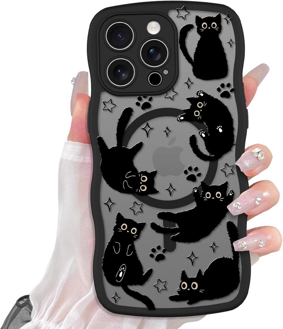 Cute Case for iPhone 13 Pro Case [Compatible with MagSafe] with Kawaii Black Cats Cat Print Pattern Design for Women Girls, Soft Wavy Edge Anti-Slip Animal Magnetic Protective Phone Cover