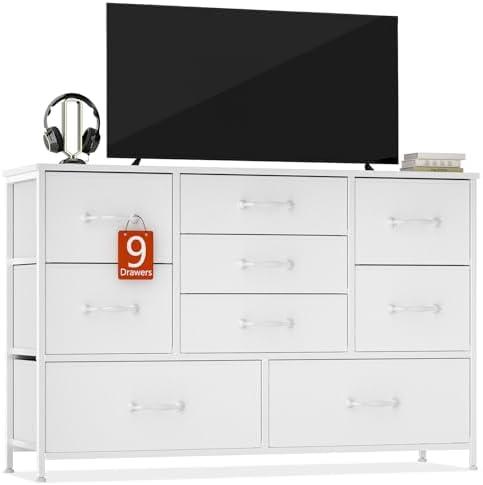 Furnulem Dresser for Bedroom with 9 Fabric Drawers for 55'' Long TV Stand Entertainment Center & Chests of Drawers, Wide Dresser Storage for Living Room, Dorm, Entryway, Sturdy Metal Frame, White