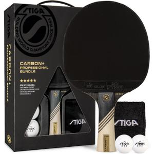 STIGA Carbon+ Bundle Ping Pong Paddle Set – 7-ply Extra Light Carbon Fiber Blade – 2mm Premium Sponge – Concave Pro Handle – 2 3-Star Tournament Balls – Neoprene Racket Cover – Player Wristband