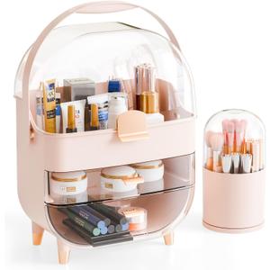 Yieach Countertop Makeup Organizer for Vanity,Large Capacity Skincare Organizers With Drawers and Makeup Brush Holder,Cosmetic Display Cases with Clear Cover for Bathroom,Dresser,Beauty Product,Pink