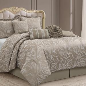 Taupe 7 Piece Comforter Set, King, Elegant Floral Jacquard, Ultra Soft Bed Set for All Seasons, Bed in a Bag, Include Comforter, Bed Skirt, Pillow Shams & Decor Pillows